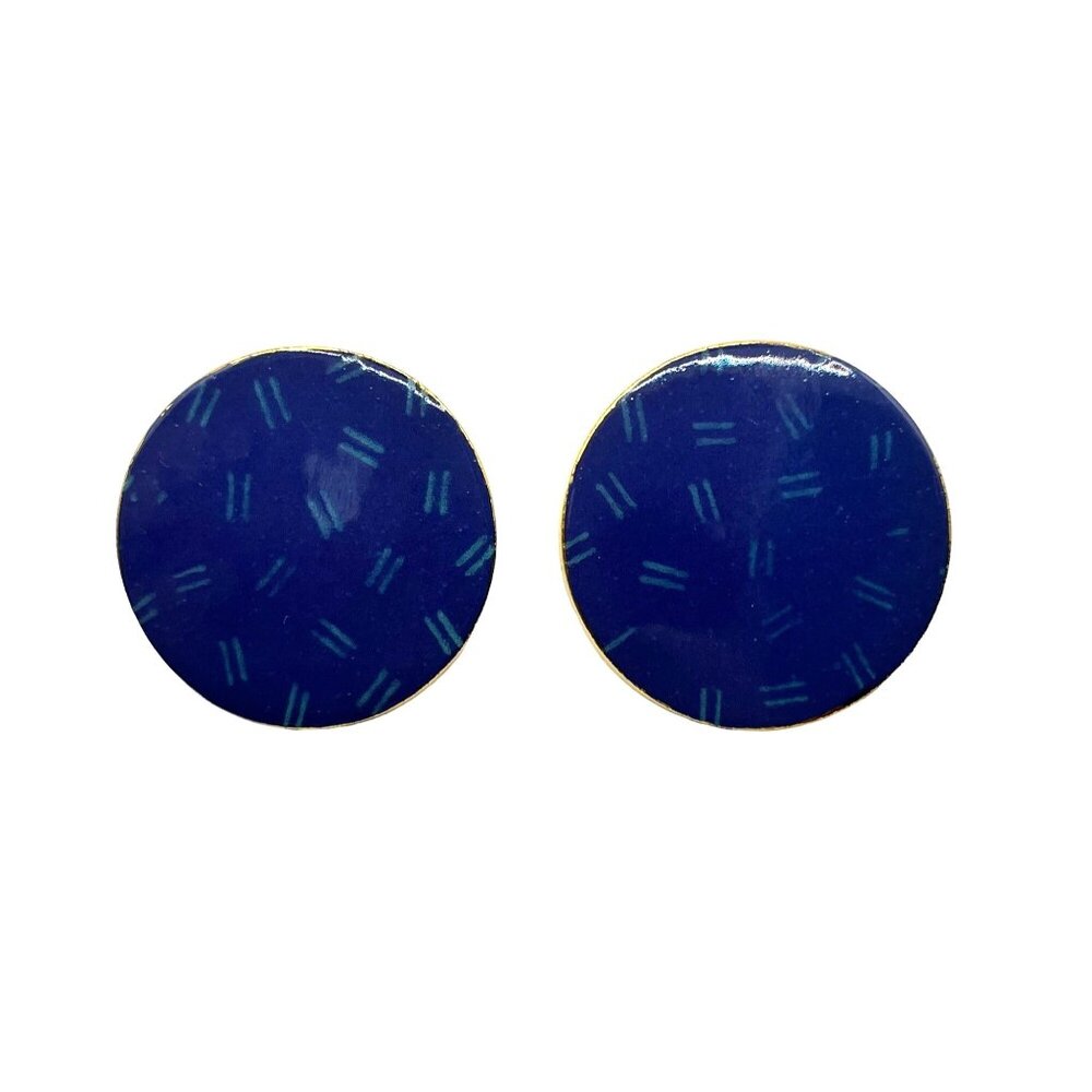 Vintage Round Blue Enamel Clip-On Earrings A47
